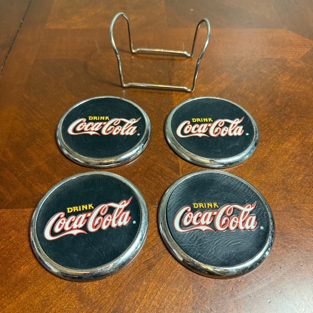 Vintage 90s Coca Cola‎ Coaster Set 4 w Metal Holder Cork Back Drink Coke